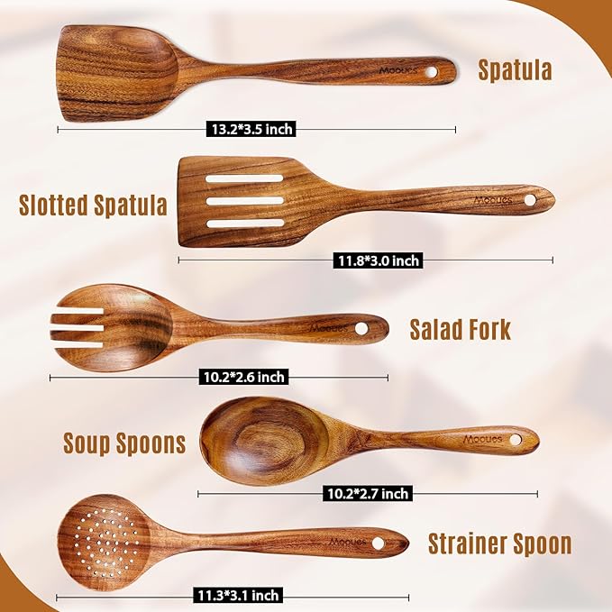 Wooden Spoons for Cooking 5 PCS - Natural Teak Kitchen Utensils Set