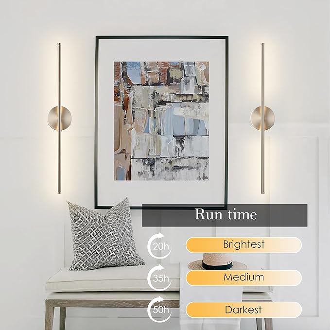 Battery Operated Wall Sconces with Remote Control, Dimmable Wall Sconces Set of Two, 350°Rotate, 3000K LED Nickel Wireless Wall Light for Living Room, Bedroom, Hallway, 24.4 Inch (2 Pack)