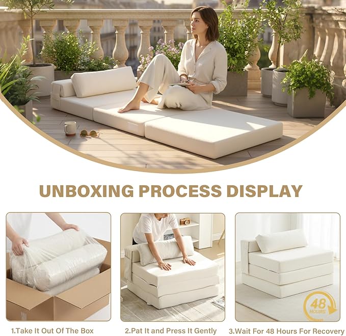 Tiita Folding Sofa Bed Chair, 4-Fold Convertible Sleeper Chair with Lumbar Pillow, Washable Cover & Side Pocket, Floor Couch Bed with Raised Seat, Single Size for Small Spaces, Beige