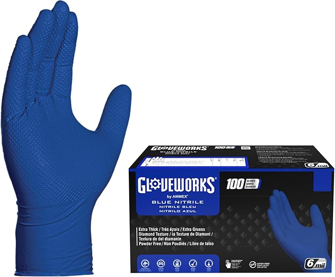 GLOVEWORKS HD Royal Blue Nitrile Industrial Disposable Gloves, 6 Mil, Latex & Powder-Free, Food-Safe, Raised Diamond Texture