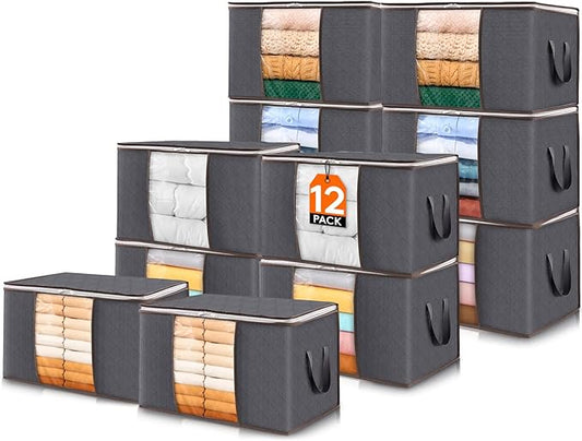 Lifewit 12 Pack 60L Clothes Storage Bins with Lids, Foldable Blanket Storage Bags with Zippers, Clear Window and Reinforced Handles, Closet and Organization for Clothing, Sweater, Comforter, Bedding