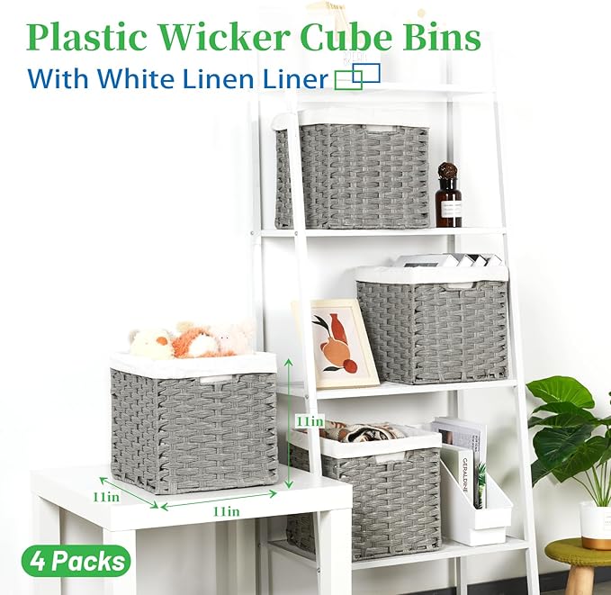 Bidtakay Wicker Cube Baskets with Liners Cube Storage Organizer for Shelves Closet 11 inch 4 Pack Decorative Hand-Woven Imitation Wicker Storage Bins for Organizing Pantry Bedroom Light Grey
