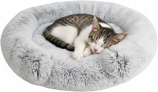 Fluffy Dog Bed Calming Donut Beds for Large Dogs Warming Round Small Medium Pet Nest Cozy Cat Mattress Indoor Washable Puppy Kennel Kittens Sleep Mat (XS, 20×20 inch, Light Gray)