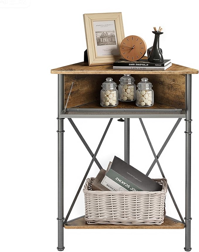 VECELO Corner Table/Cabinet with Flip Door and Storage Shelves, Free-Standing Organizer for Compact Space in Living Room/Study/Lobby/Bedroom,Industrial