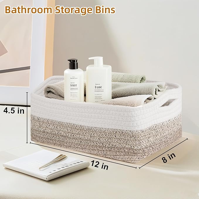 6 Pack Storage Baskets for Organizing, Small Storage Bins for Shelves, Woven Cotton Rope Baskets with Handles, Organizer Baskets for Gifts Empty, 12''Lx8''Wx4.5''H (Gradient Brown)