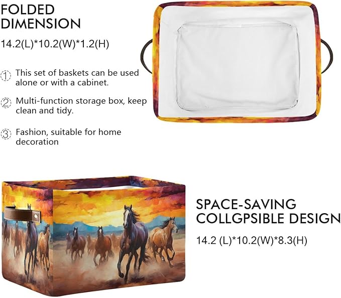 Storage Basket Horse Rectangular Collapsible Canvas Shelves Storage Bins with Leather Handles for Shelves Home Closet Bedroom Living Room, 1Pack