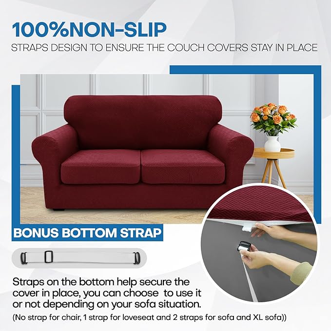 XINEAGE 2025 New 4 Pieces Couch Covers for 3 Cushion Couch Super Stretch Thick Soft Sofa Cover Anti Slip Sofa Slipcover Dogs Cats Furniture Protector (Wine Red, 71"-91")