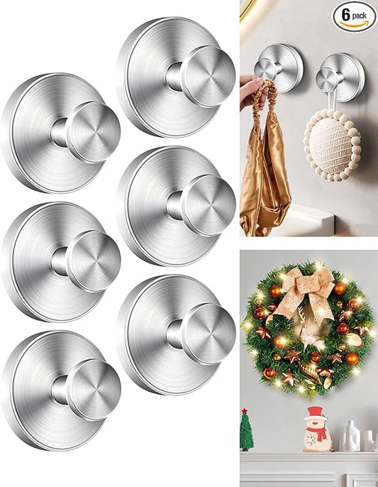 Suction Cup Hooks for Shower, Suction Cup Hooks for Door Wreaths, Robe Towel Hooks Heavy Duty for Bathroom Hanging, Windows, Kitchen, Glass, Mirror, No Drilling, 6 Pack (Silver)