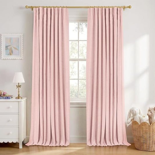 INOVADAY 100% Blackout Curtains for Bedroom, Black Out Curtains 84 Inch Long, Clip Rings Linen Blackout Drapes, Thermal Insulated Room Darkening for Living Room, 2 Panels - Baby Pink,W50xL84