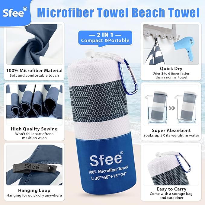 2 in 1 Microfiber Beach Towel, Quick Dry Towel Camping Towel Travel Towel Super Absorbent Compact Lightweight Sports Gym Towels Set for Beach, Gym, Hiking, Pool, Backpacking, Bath, Yoga