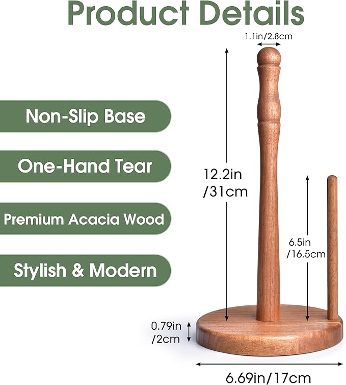 Acacia Wood Paper Towel Holder Countertop, Weighted Base Paper Towel Roll Holder for Kitchen Bathroom, One-Handed Operation, Standing Towel Roll Organizer for Standard and Large Rolls