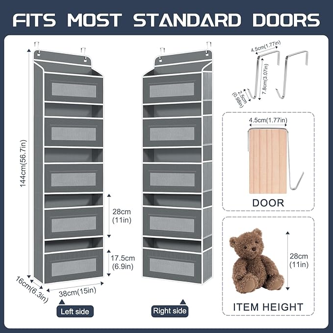 2 Pack 5-Tier Over the Door Organizer with 5 Large Side Pockets, 40lb Ultra Sturdy Large Capacity Behind the Door Storage, Stuffed Animal Storage for Pantry Bathroom Closet Baby Essentials(Grey)
