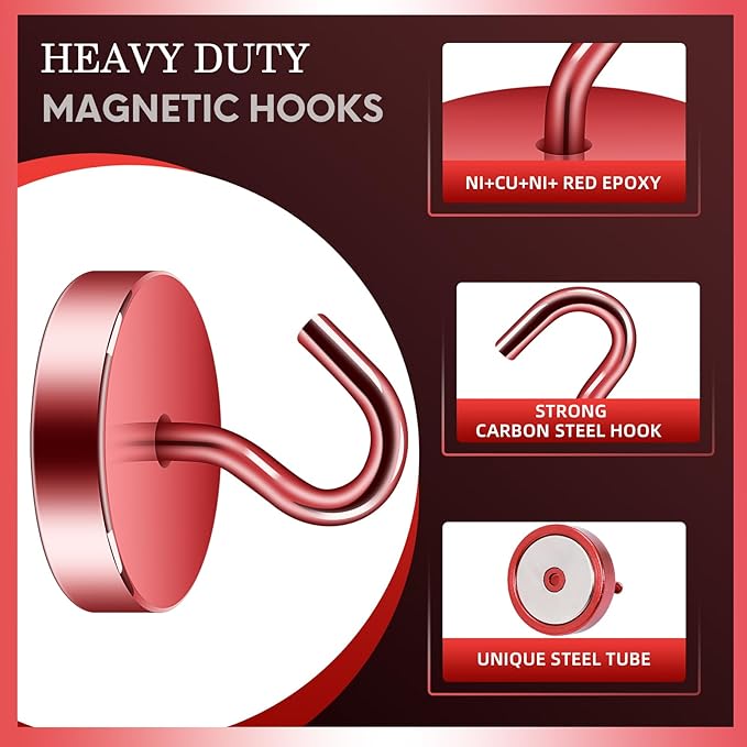 Neosmuk Magnetic Hooks, Cruise Ship Essentials, 10lb+ Heavy Duty Magnetic Hooks for Cruise Cabins, Refrigerator, Grill, Hanging, and Travel | Extra Strong Must-Haves Magnet Hook,Red