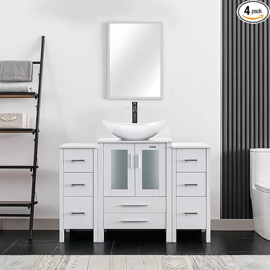 eclife 48" Modern Bathroom Vanity Sink Combo Freestanding Cabinet with Small Side Cabinet, White Boat Ceramic Vessel Sink, Water Save Faucet, Drain (White+T44)