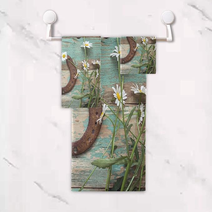 Rustic Western Horseshoe Bath Towels Set,Absorbent Soft 3 Piece Teal White Daisy Flower Wooden Barn Plank Towels for Bathroom,1 Bath Towel 1 Hand Towel 1 Washcloth,Decoractive Bathroom Towels