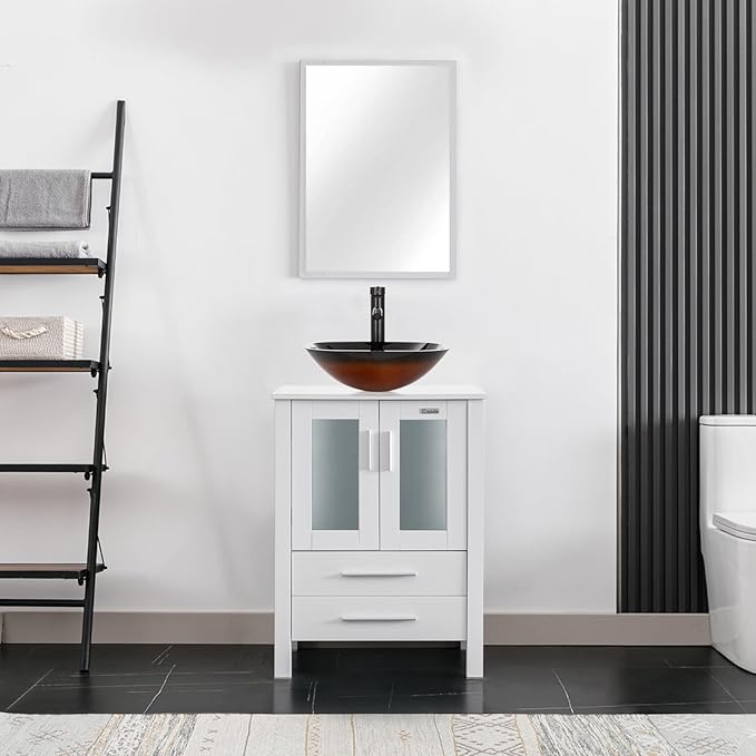 eclife 24" Modern Bathroom Vanity Sink Combo Freestanding Cabinet with Soft Closing Door, Brown Square Glass Vessel Sink, Water Save Faucet, Drain (White+A48)