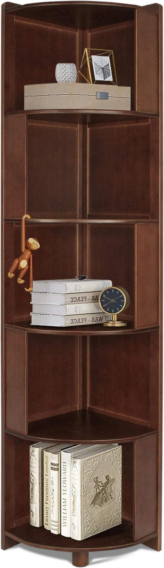 DOUSY-5 Tier Bamboo Corner Shelf, Mid Century Modern Corner Bookshelf, 69" Tall Stylish Bookcase Display Rack Plant Stand for Living Room, Bedroom, Home Office, Kitchen, Walnut