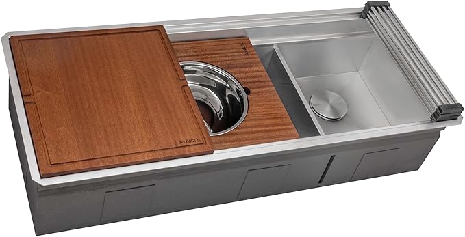 Ruvati 45-inch Double Bowl Workstation Kitchen Sink - Undermount 16 Gauge Stainless Steel Kitchen Sink with Two-Tiered Ledge & Accessories - RVH8253