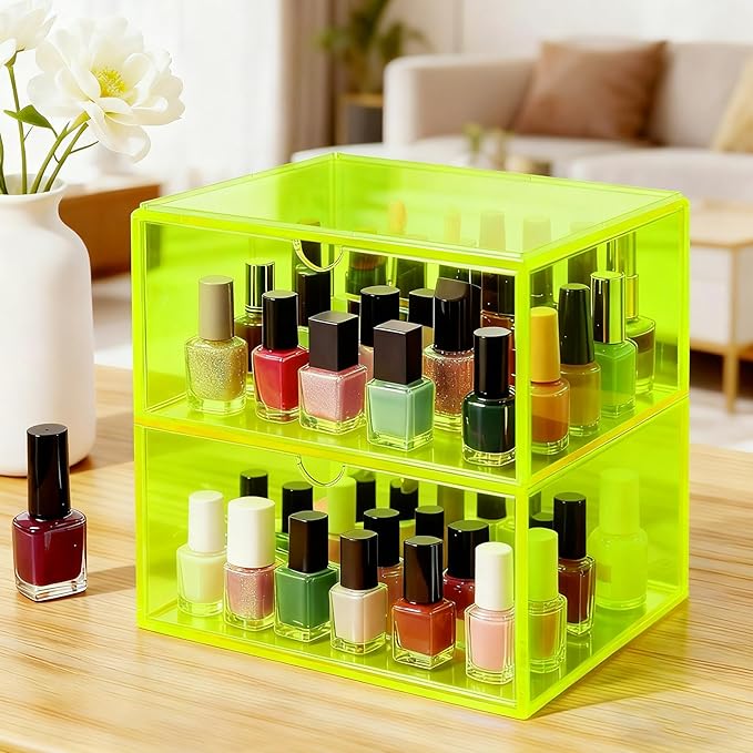 Acrylic Desk Organizer with Drawers Stackable Makeup Organizer for Vanity Office Countertop Cosmetic Display Cases Makeup Storage Box, Neon Green