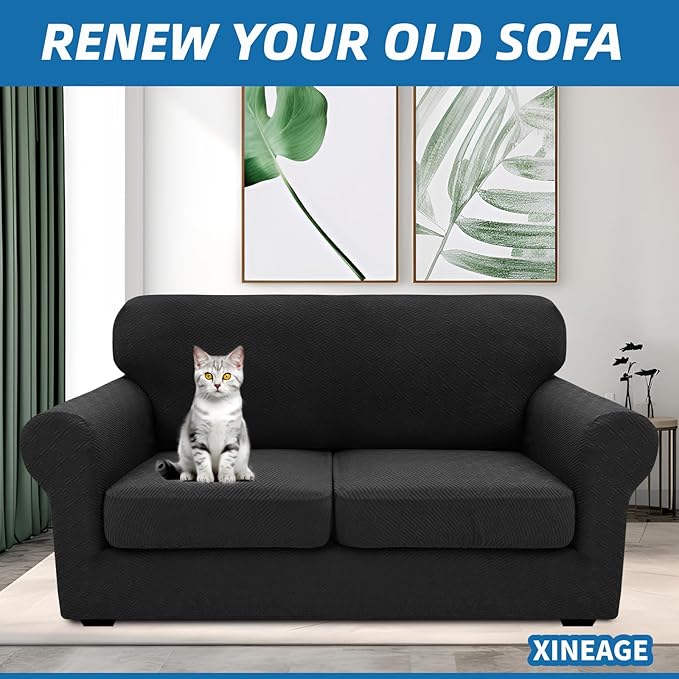 XINEAGE 2025 New 3 Pieces Couch Covers for 2 Cushion Sofa Super Stretch Loveseat Slipcover Pet Dog Universal Slip Cover Anti Slip Love Seat Furniture Protector (Black, 55"-69")