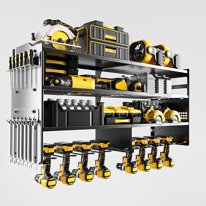 oviitech Power Tool Organizer Wall Mount, 8 Drill Holder Wall Mount Loads 400lbs, 4 Layer Heavy Duty Metal Power Tool Storage, Black, Utility Rack for Garage Workshop, Gifts for Men