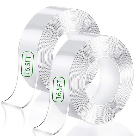 Double Sided Tape Heavy Duty (2 Rolls Total 33 ft), Strong Clear Sticky Tack Mounting Tape, Removable Nano Adhesive Tape for Wall, Home, Office, Picture Hanging, Poster, Rug Fixing Strips