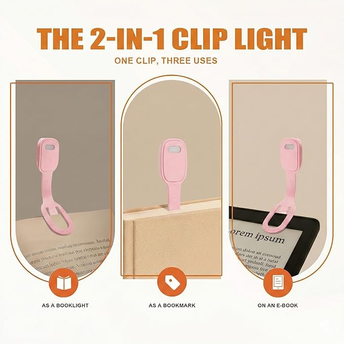 Rechargeable Kids Book Light, Cute Bookmark Reading Light for Kids, Dimmable Portable LED Book Light for Reading in Bed, Eye-Caring Bedtime Reading Lamp for Children & Travel, Light Pink