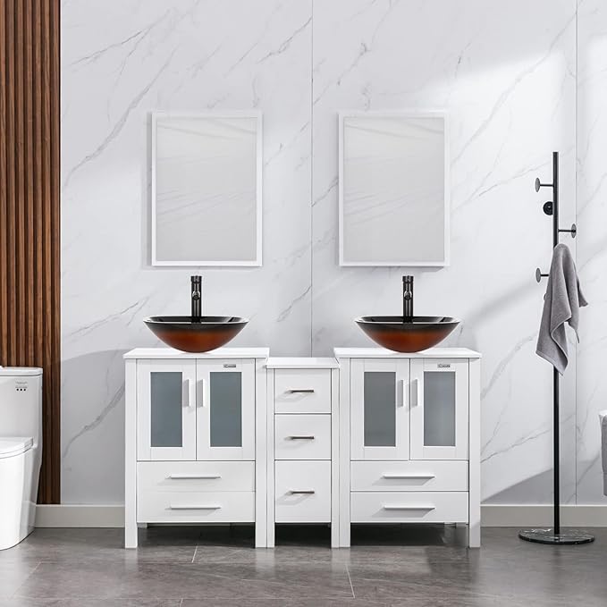 eclife 60" Modern Bathroom Vanity Sink Combo Freestanding Cabinet with Small Side Cabinet, Brown Square Glass Vessel Sink, Water Save Faucet, Drain (White+A48)