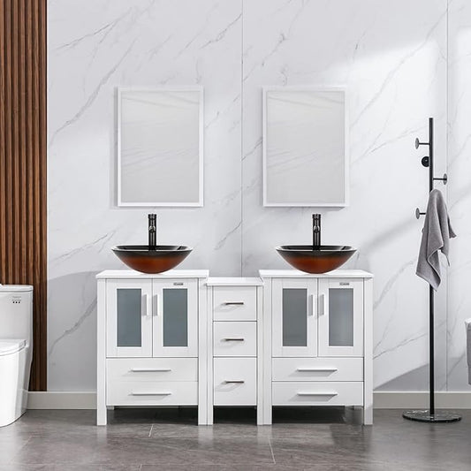 eclife 60" Modern Bathroom Vanity Sink Combo Freestanding Cabinet with Small Side Cabinet, Brown Square Glass Vessel Sink, Water Save Faucet, Drain (White+A48)