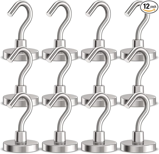 Magnetic Hooks Heavy Duty, 110 lbs Strong Hooks for Hanging, Magnets with Hook for Cruise Cabins, Grill, Fridge, Pack of 12