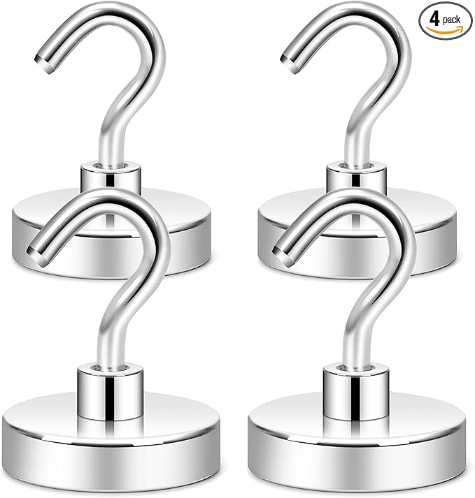 Neosmuk Magnetic Hooks for Cruise Cabins, Heavy Duty 130lb Strong Magnet Hook, Cruise Ship Essentials for Hanging, Metal Wall Refrigerator Hangers (Silver White, 4 Pack)