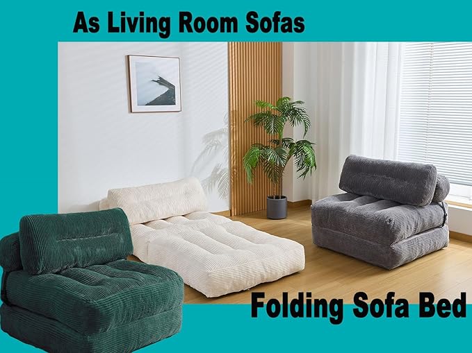 Kisoy Folding Sofa Bed, Convertible Sleeper Chair Couch Bed Faux Rabbit Fur for Adults, with Back Support Floor Couch Comfy Floor Sofa for Living Room Bedroom, Green, Single