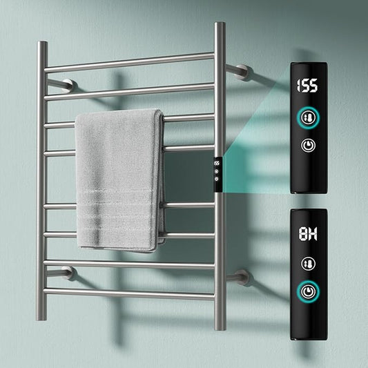 Wall Towel Warmer Rack for Bathroom - 8 bar Heated Towel Rack Timer and LED Indicator for Bathroom, Wall Mounted Electric Towel Rack, Stainless Steel Brushed, Plug-in