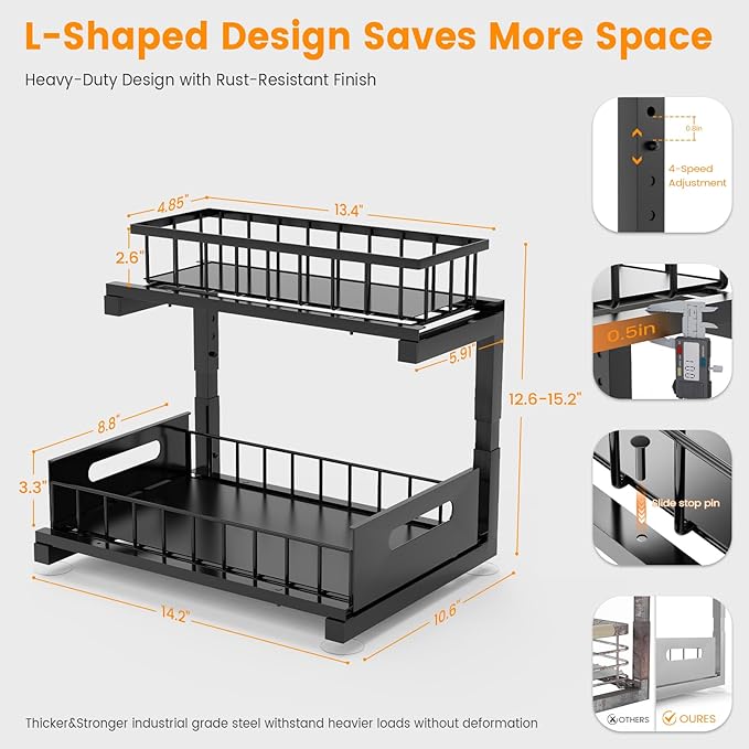 Under Sink Organizer, Heavy Duty Metal Slide Out Sink Shelf Organizer Height Adjustable, Multi-Purpose Storage Shelf for Kitchen Bathroom (Black,2Pack)