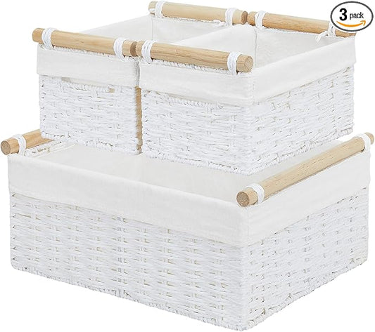 Vagusicc Wicker Storage Basket, Set of 3 Hand-woven Storage Baskets for Organizing, Large Cube Storage Organizer Baskets Bins with Handles for Shelves Decor, Small Toilet Paper Storage Basket, White