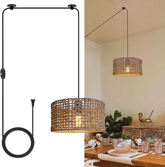 HuisMier Plug in Pendant Light with Hand Woven Rattan Lampshade, Dimmable Hanging Lamp with 15 FT Plug in Cord, Boho Pendant Light Fixture for Bedroom Kitchen Island Dinning Table