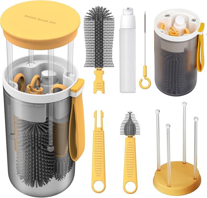 WHNLTravel Baby Bottle Brush Set with Bottle Cleaner Brush Set and Drying Rack,Gift for Newborn Mothers, Suitable for Travel and Home(Yellow)