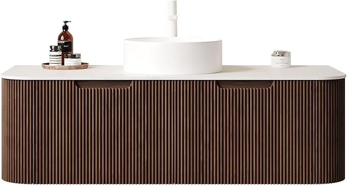 KEIKI 48" Floating Bathroom Vanity with Sink, Modern Wall Vanity Cabinet with Curved Edge Design, 2 Soft-Close Drawers & White Ceramic Vessel Basin, Pre-Assembled Bathroom Vanity, Walnut