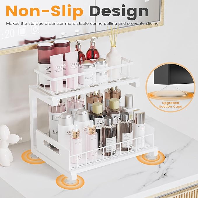 Under Sink Organizer, Heavy Duty Metal Slide Out Sink Shelf Organizer Height Adjustable, Multi-Purpose Storage Shelf for Kitchen Bathroom (White,2Pack)