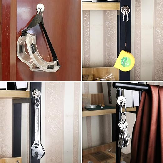E BAVITE Magnetic Hooks,100LBS Strong Heavy Duty Neodymium Magnet Hooks with Swivel Carabiner Hook,Great for Your Kitchen,Refrigerator and Other Magnetic Surfaces(4 Pack), Silvery