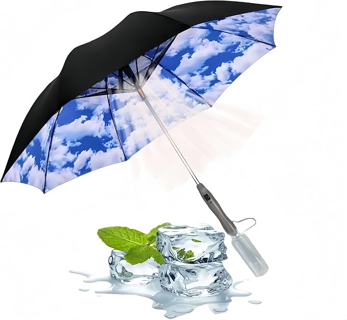 Umbrella with Fan & Mist Spray - Rechargeable UV Protective Cooling Umbrella for Patio, Beach, Travel — Portable Misting System & Detachable Water Bottle Included
