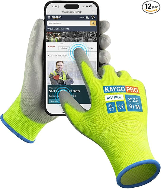 Work Gloves PU Coated for Men and Women, 12 Pairs Safety Work Gloves with Two Fingers Touchscreen, Breathable and Lightweight,Ideal for Light Warehouse, Manufacturing, Gardening, KG11P (M,Green)