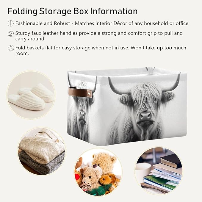 Storage Basket Highland Cow Storage Bin Cube with Handles Foldable Storage Baskets for Shelves Living Room Home Decor 1PC