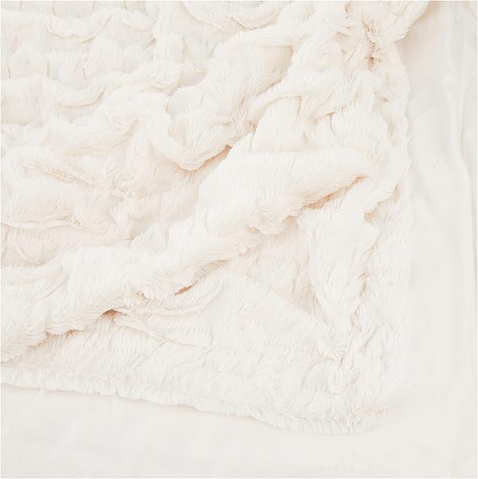 Comfort Spaces Ruched Faux Fur Plush 3 Piece Throw Blanket Set Ultra Soft Fluffy with 2 Square Pillow Covers, 50"x60", Ivory