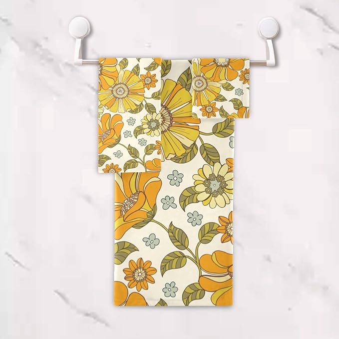 3 Piece Retro 70s Floral Bath Towel Set,Microfiber Decorative Vintage Hippie Orange Groovy Daisy Flower Bathroom Towels,1 Bath Towel 1 Hand Towel for Bathroom Kitchen,1 Washcloth for Face