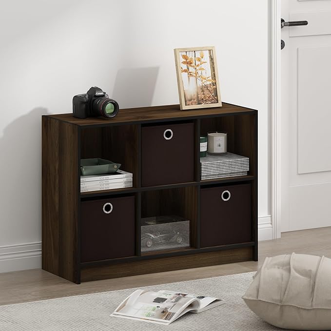 Furinno BASIC Book Shelf, 6-Cube Bookshelf with Open Shelf, 3 x 2 Bookcase with Storage Bins, Closed Back, Horizontal, 11.9" x 31.6" x 23.6", for Living Room, Bedroom, Home Office, Columbia Walnut