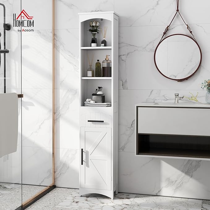 HOMCOM Tall Bathroom Storage Cabinet, Farmhouse Narrow Bathroom Storage Cabinet with Recessed Drawer and Barn Door, Linen Cabinet, White