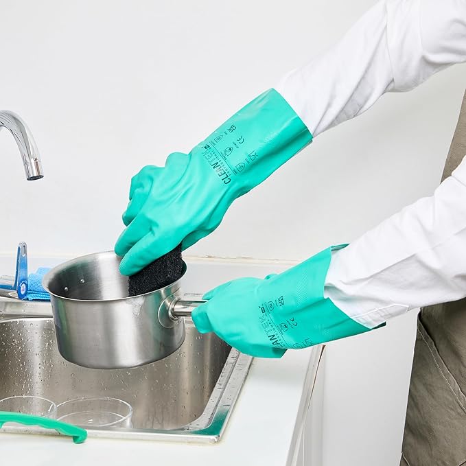 Green Cleaning Gloves 10 Pairs 15 Mil Thick XXL Heavy-Duty Nitrile Gloves With Long Cuff No-Latex Flock Lining For Use In Hospitals, Laboratories, Kitchens and Households