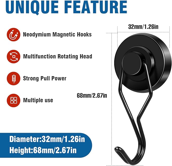 E BAVITE Black Swivel Swing Magnetic Hooks 120LB Refrigerator Magnet Hook 10 Pack Strong Neodymium Magnet Hook for Magnets Surfaces 67.5mm(2.66in) in Length