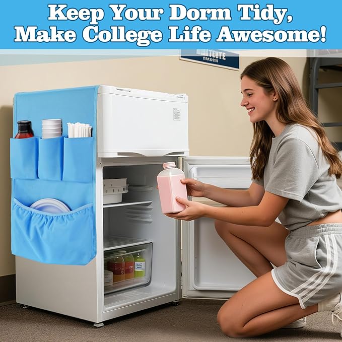 Extended Mini Fridge Caddy Organizer - 55" x 13" Back to School Dorm and Office Over the Fridge Storage Organizer with 12 Pockets for Flatware Drink Paper Goods, College Must Have, Blue